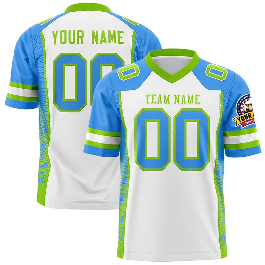 Custom White Powder Blue-Neon Green Raglan Sleeves Personalized Side Pattern Football Jersey | BuyFootballJersey