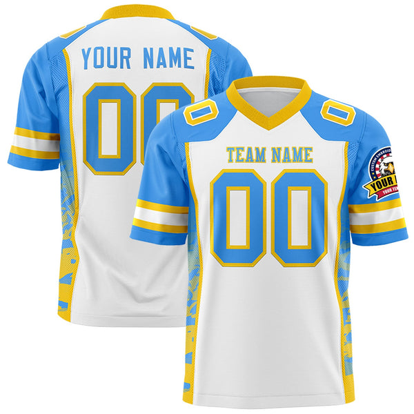 Custom White Powder Blue-Gold Raglan Sleeves Personalized Side Pattern Football Jersey | BuyFootballJersey