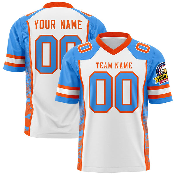 Custom White Powder Blue-Orange Raglan Sleeves Personalized Side Pattern Football Jersey | BuyFootballJersey