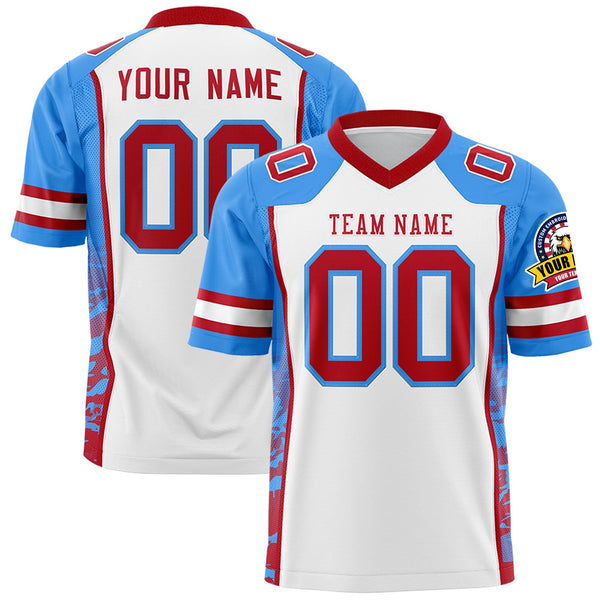 Custom White Powder Blue-Red Raglan Sleeves Personalized Side Pattern Football Jersey | BuyFootballJersey