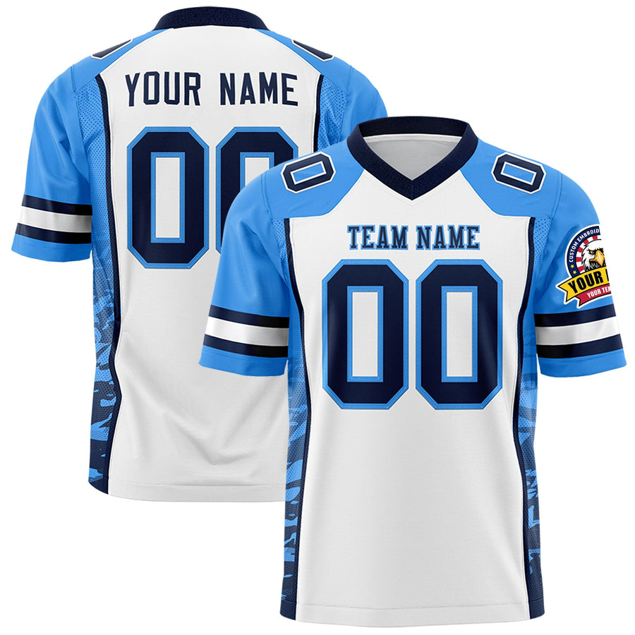 Custom White Powder Blue-Navy Raglan Sleeves Personalized Side Pattern Football Jersey | BuyFootballJersey