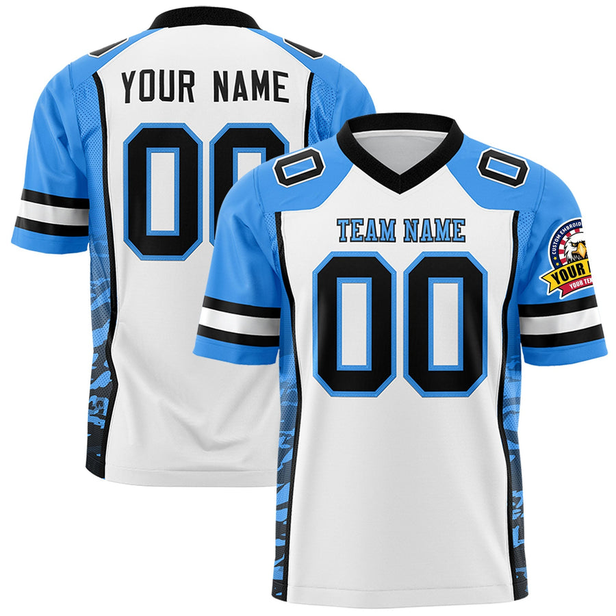 Custom White Powder Blue-Black Raglan Sleeves Personalized Side Pattern Football Jersey | BuyFootballJersey