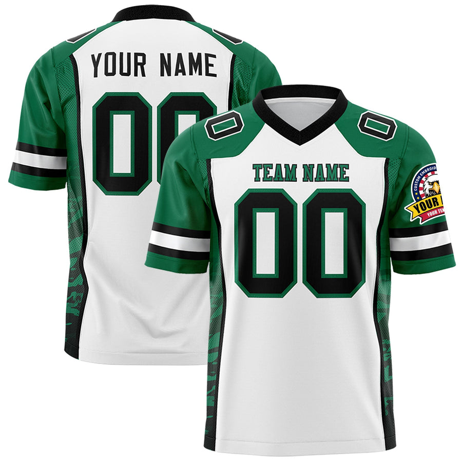 Custom White Kelly Green-Black Raglan Sleeves Personalized Side Pattern Football Jersey | BuyFootballJersey