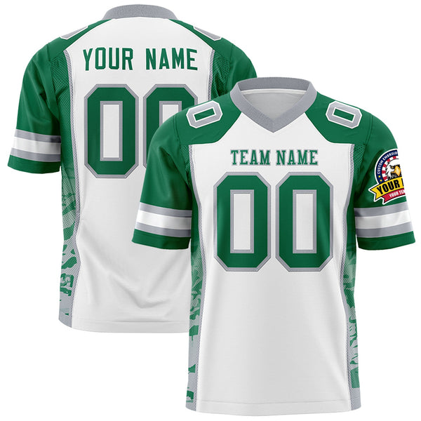Custom White Kelly Green-Gray Raglan Sleeves Personalized Side Pattern Football Jersey | BuyFootballJersey