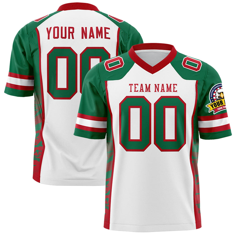 Custom White Kelly Green-Red Raglan Sleeves Personalized Side Pattern Football Jersey | BuyFootballJersey