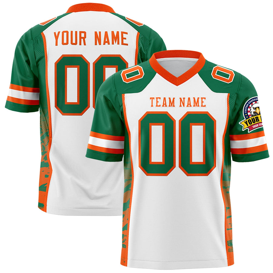 Custom White Kelly Green-Orange Raglan Sleeves Personalized Side Pattern Football Jersey | BuyFootballJersey