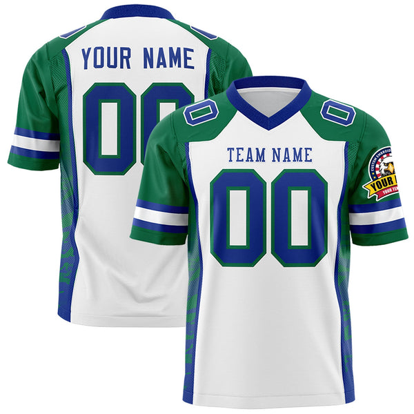 Custom White Kelly Green-Royal Raglan Sleeves Personalized Side Pattern Football Jersey | BuyFootballJersey