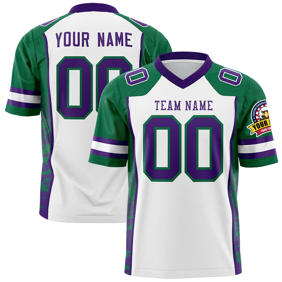 Custom White Kelly Green-Purple Raglan Sleeves Personalized Side Pattern Football Jersey | BuyFootballJersey