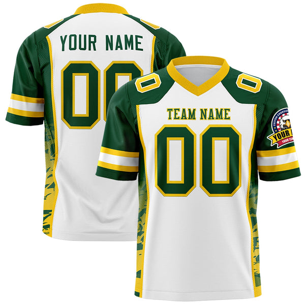 Custom White Green-Gold Raglan Sleeves Personalized Side Pattern Football Jersey | BuyFootballJersey