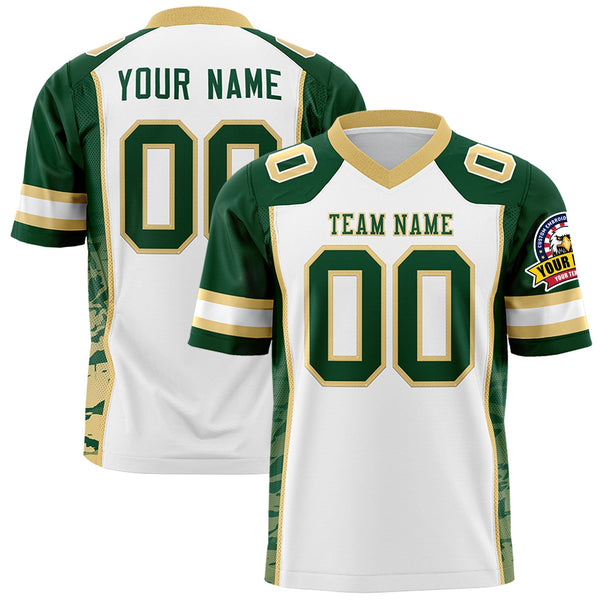 Custom White Green-Khaki Raglan Sleeves Personalized Side Pattern Football Jersey | BuyFootballJersey