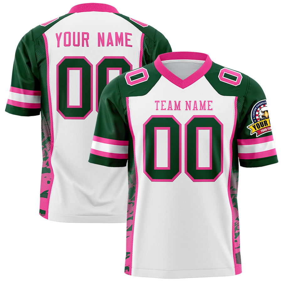 Custom White Green-Pink Raglan Sleeves Personalized Side Pattern Football Jersey | BuyFootballJersey