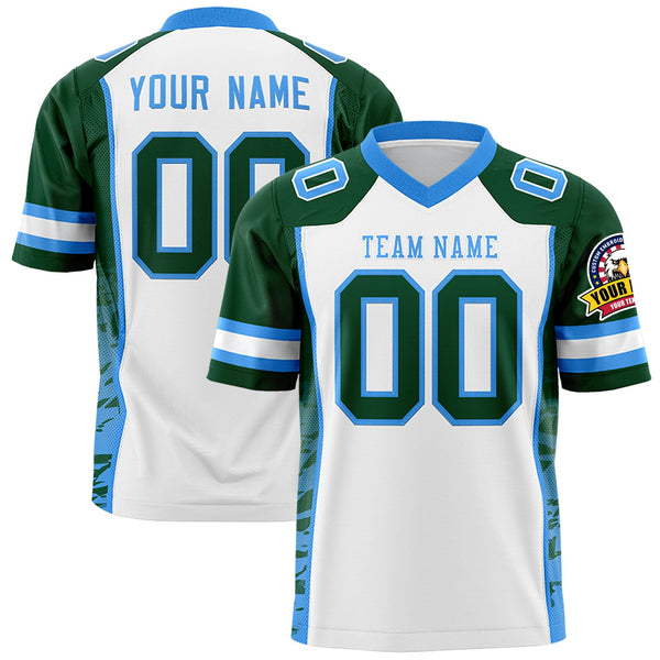 Custom White Green-Powder Blue Raglan Sleeves Personalized Side Pattern Football Jersey | BuyFootballJersey