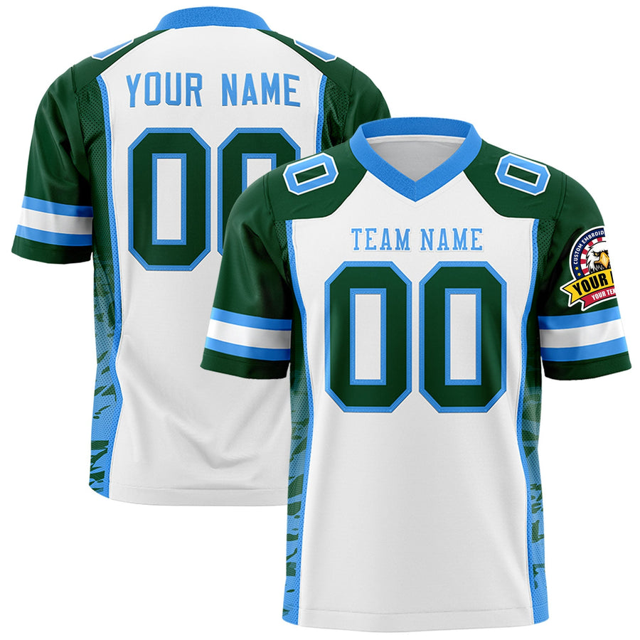 Custom White Green-Powder Blue Raglan Sleeves Personalized Side Pattern Football Jersey | BuyFootballJersey
