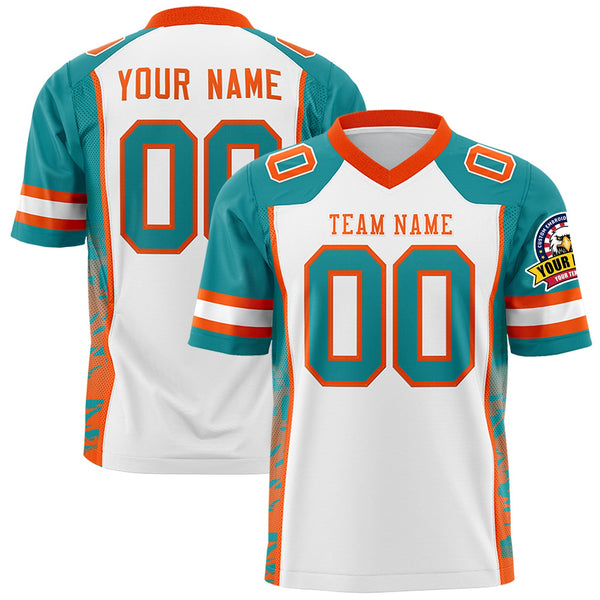Custom White Aqua-Orange Raglan Sleeves Personalized Side Pattern Football Jersey | BuyFootballJersey