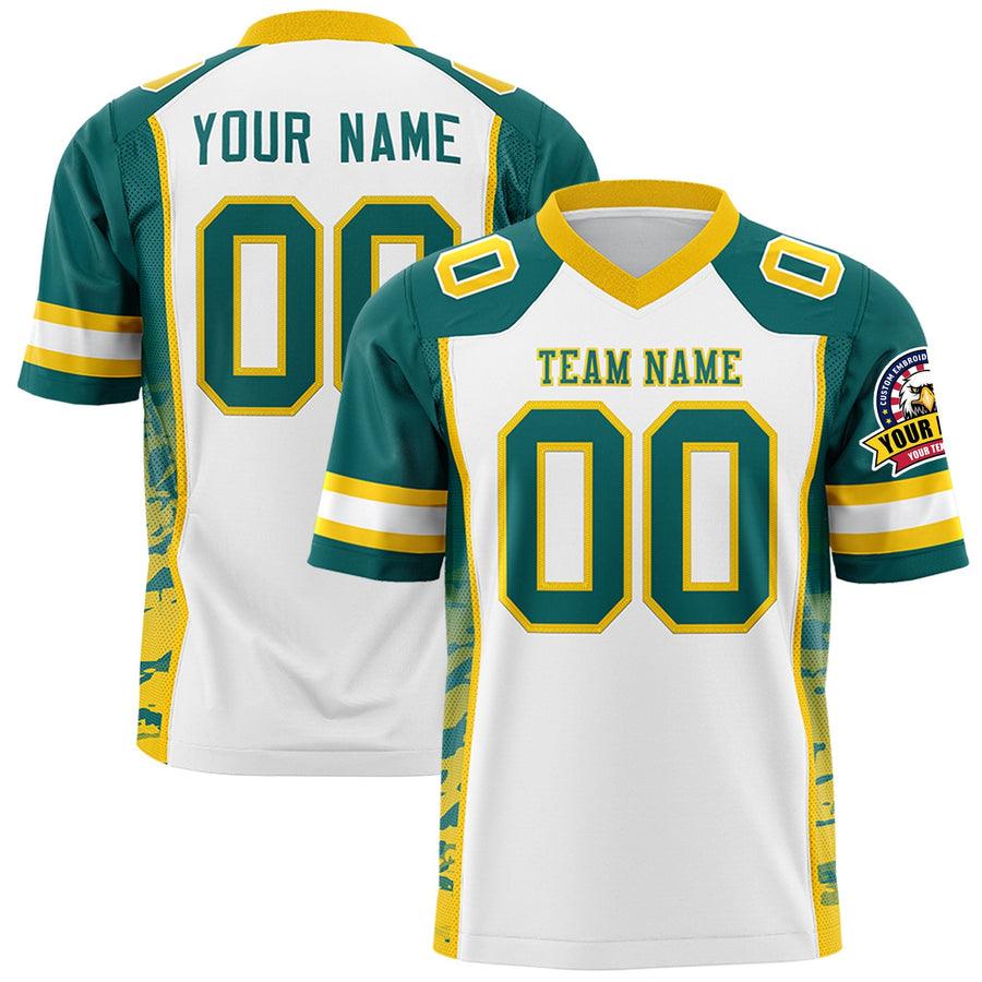 Custom White Aqua-Gold Raglan Sleeves Personalized Side Pattern Football Jersey | BuyFootballJersey