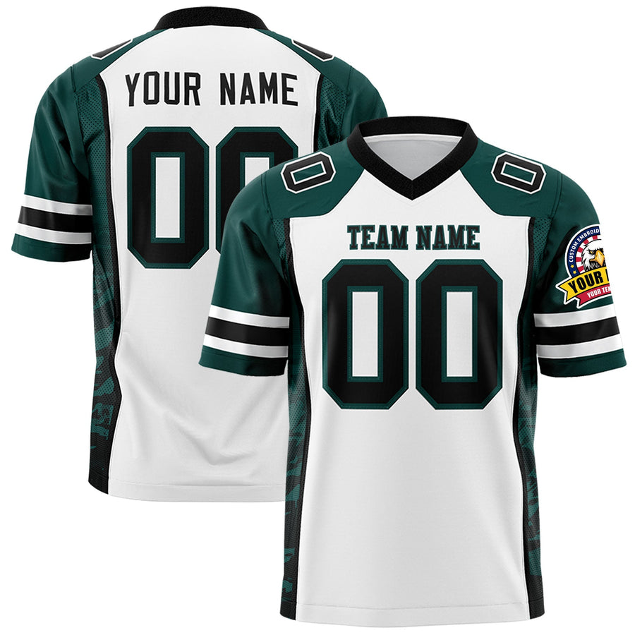 Custom White Midnight Green-Black Raglan Sleeves Personalized Side Pattern Football Jersey | BuyFootballJersey