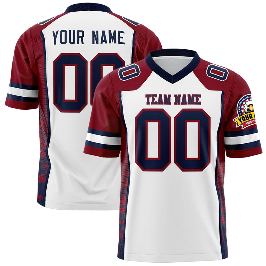 Custom White Crimson-Navy Raglan Sleeves Personalized Side Pattern Football Jersey | BuyFootballJersey