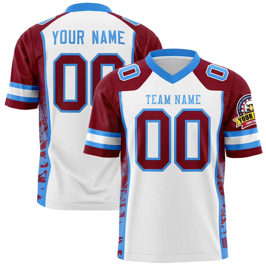Custom White Crimson-Powder Blue Raglan Sleeves Personalized Side Pattern Football Jersey | BuyFootballJersey