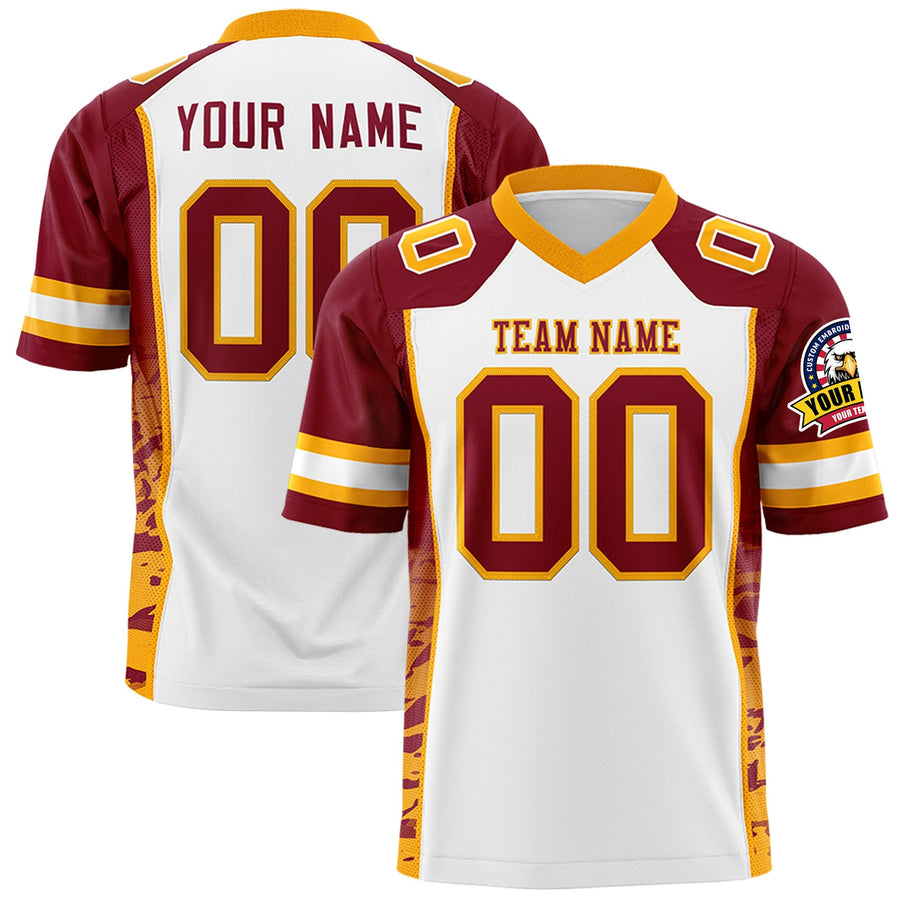 Custom White Crimson-Yellow Raglan Sleeves Personalized Side Pattern Football Jersey | BuyFootballJersey