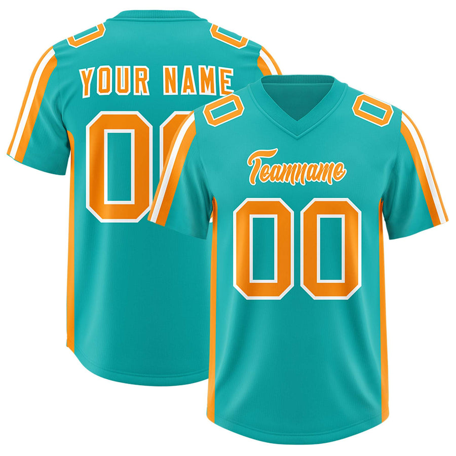 Custom Aqua Orange and White Side Stripe Pattern Football Jersey | BuyFootballJersey