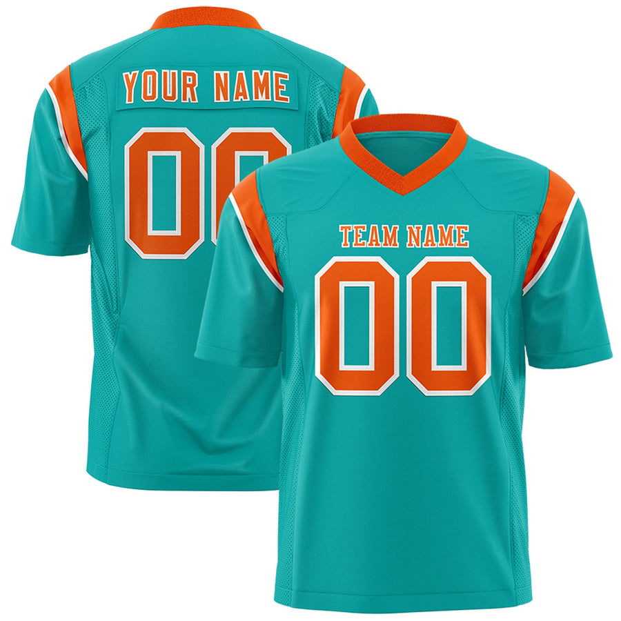 Custom Aqua Orange Personalized Shoulder Cut Two-Tone Flag Football Jersey | BuyFootballJersey