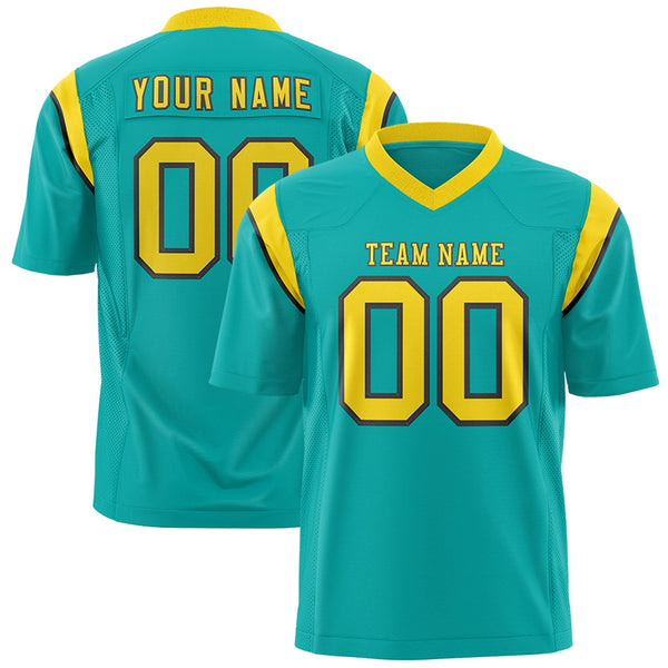 Custom Aqua Gold Personalized Shoulder Cut Two-Tone Flag Football Jersey | BuyFootballJersey