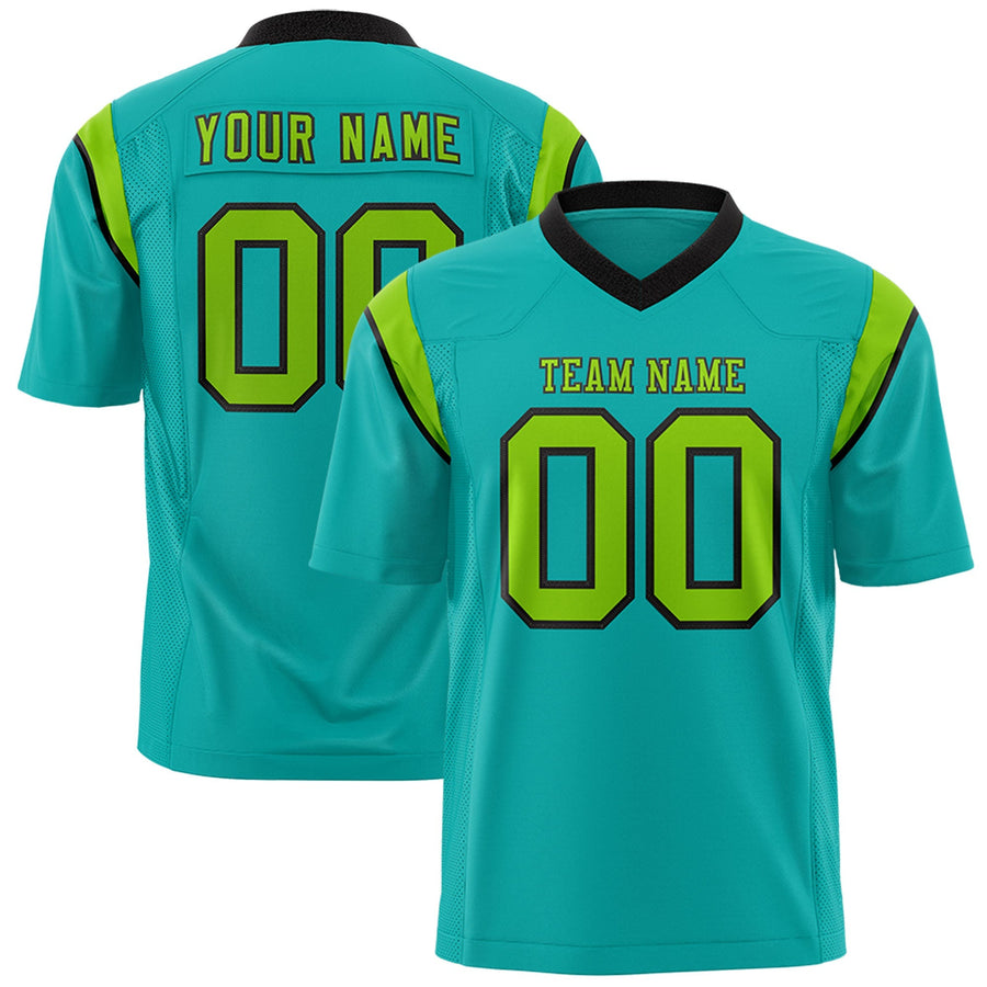Custom Aqua Neon Green Personalized Shoulder Cut Two-Tone Flag Football Jersey | BuyFootballJersey
