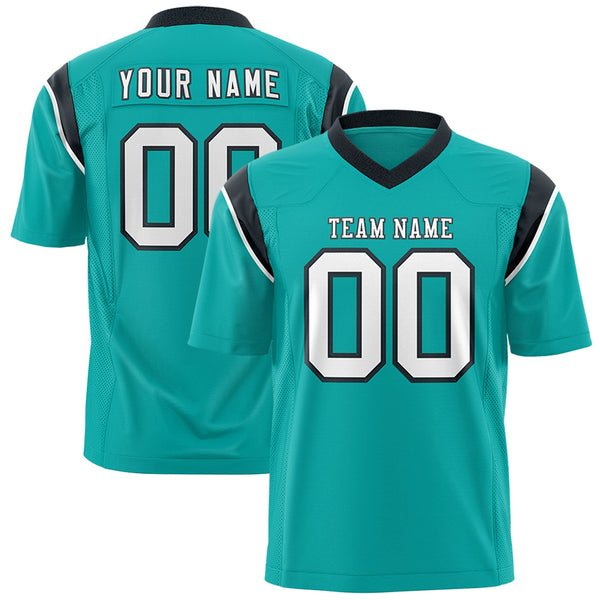 Custom Aqua Black Personalized Shoulder Cut Two-Tone Flag Football Jersey | BuyFootballJersey