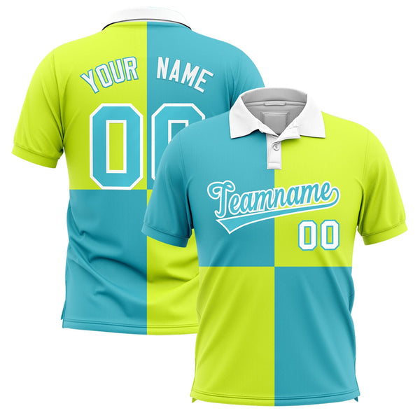 Custom Sky Blue Fluorescent Green Four Squares Design Performance Polo Shirt | BuyFootballJersey