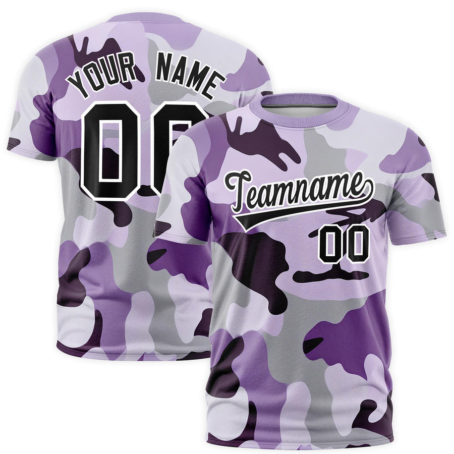 Custom Camo Purple Black Lightweight Crew Neck T-shirts | BuyFootballJersey