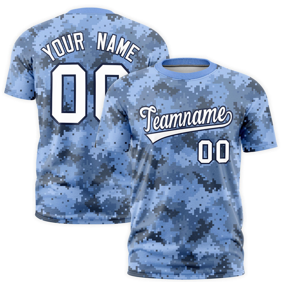 Custom Camo Light Blue Navy Wrinkle-Resistant Crew Neck T-shirts | BuyFootballJersey