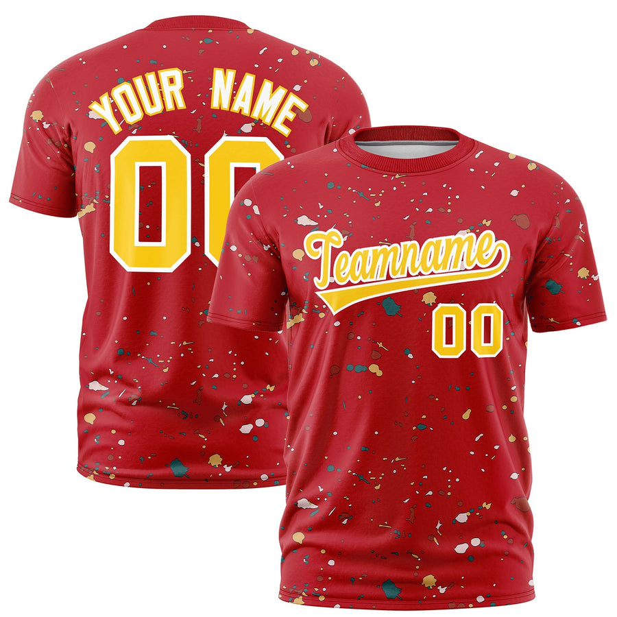 Custom Red Gold White Spray Painting Graffiti Pattern Personalization T-shirt | BuyFootballJersey