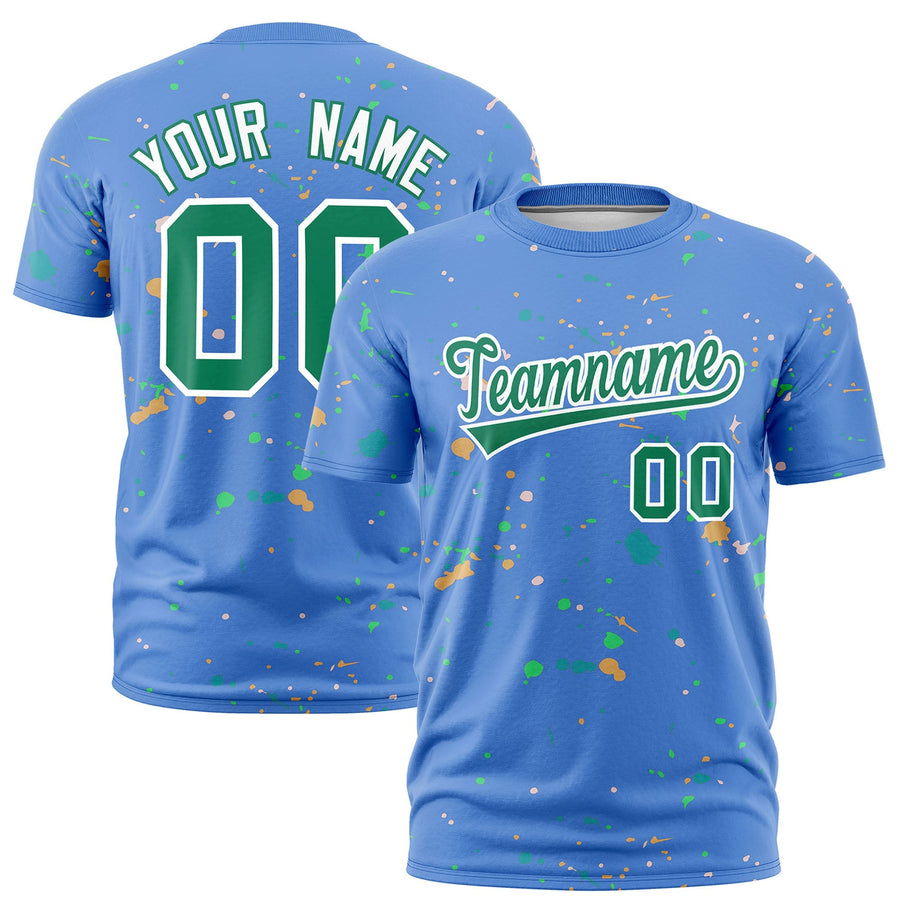 Custom Light Blue Kelly Green White Spray Painting Graffiti Pattern Personalization T-shirt | BuyFootballJersey
