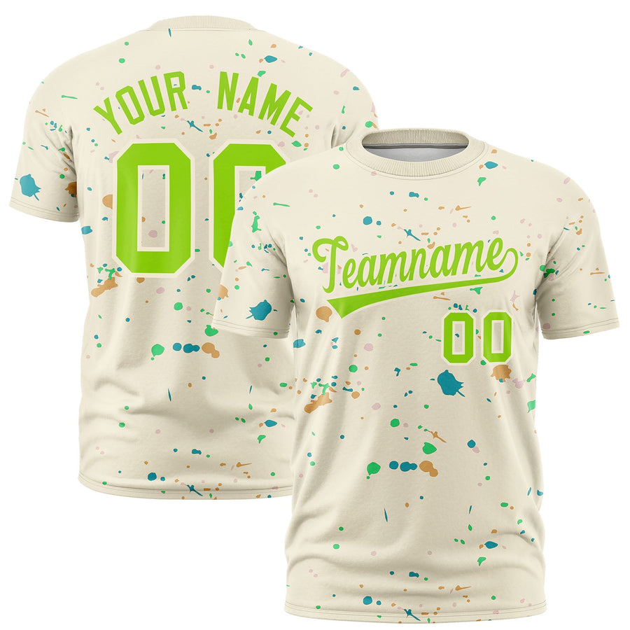 Custom Cream Neon Green Spray Painting Graffiti Pattern Personalization T-shirt | BuyFootballJersey