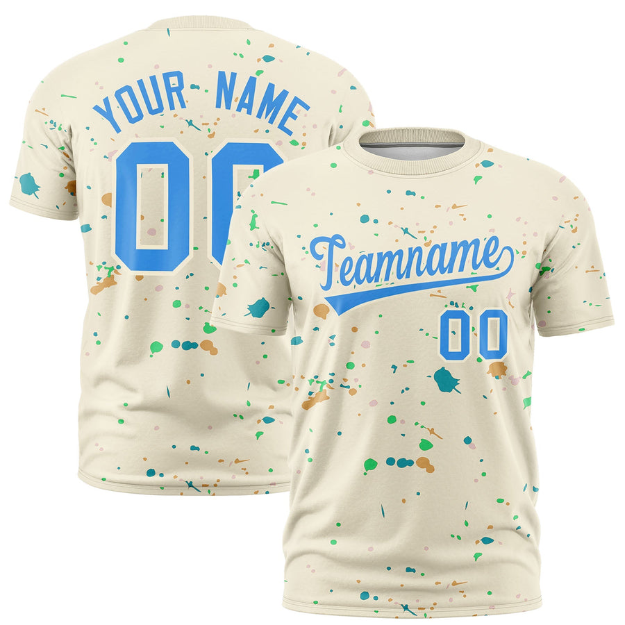 Custom Cream Light Blue Spray Painting Graffiti Pattern Personalization T-shirt | BuyFootballJersey