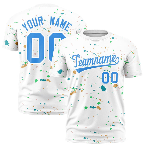 Custom White Light Blue Spray Painting Graffiti Pattern Personalization T-shirt | BuyFootballJersey