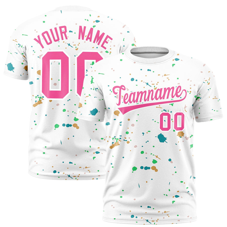 Custom White Pink Spray Painting Graffiti Pattern Personalization T-shirt | BuyFootballJersey