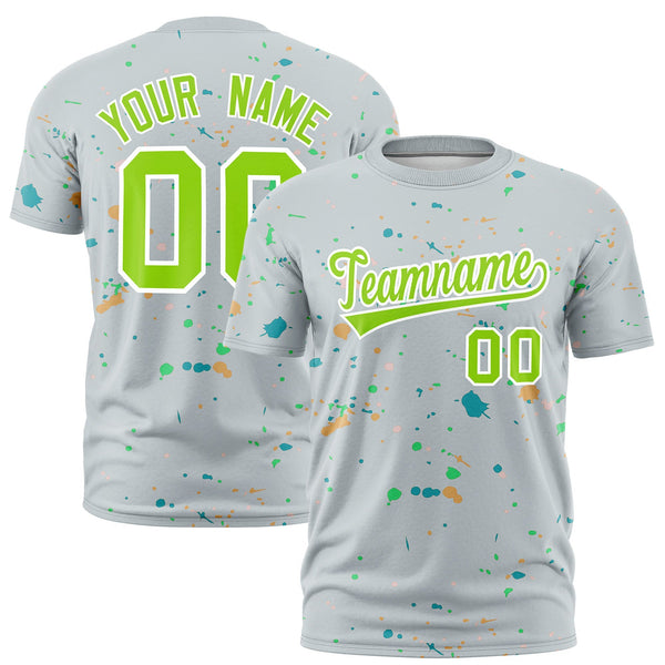Custom Silver Neon Green White Spray Painting Graffiti Pattern Personalization T-shirt | BuyFootballJersey