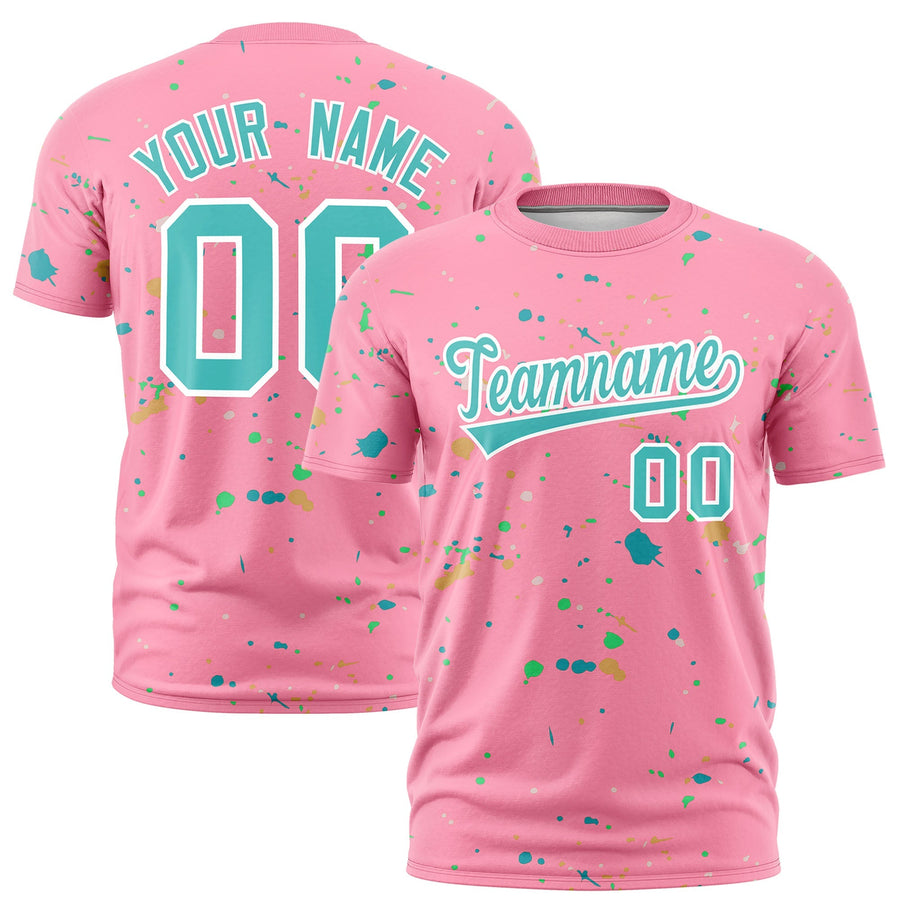 Custom Light Pink Teal White Spray Painting Graffiti Pattern Personalization T-shirt | BuyFootballJersey