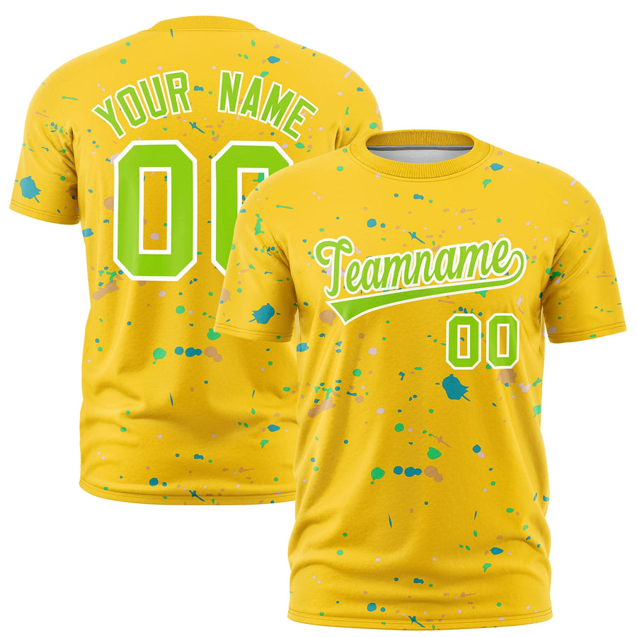 Custom Gold Neon Green White Spray Painting Graffiti Pattern Personalization T-shirt | BuyFootballJersey
