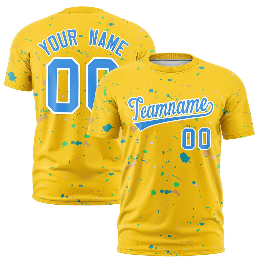 Custom Gold Powder Blue White Spray Painting Graffiti Pattern Personalization T-shirt | BuyFootballJersey