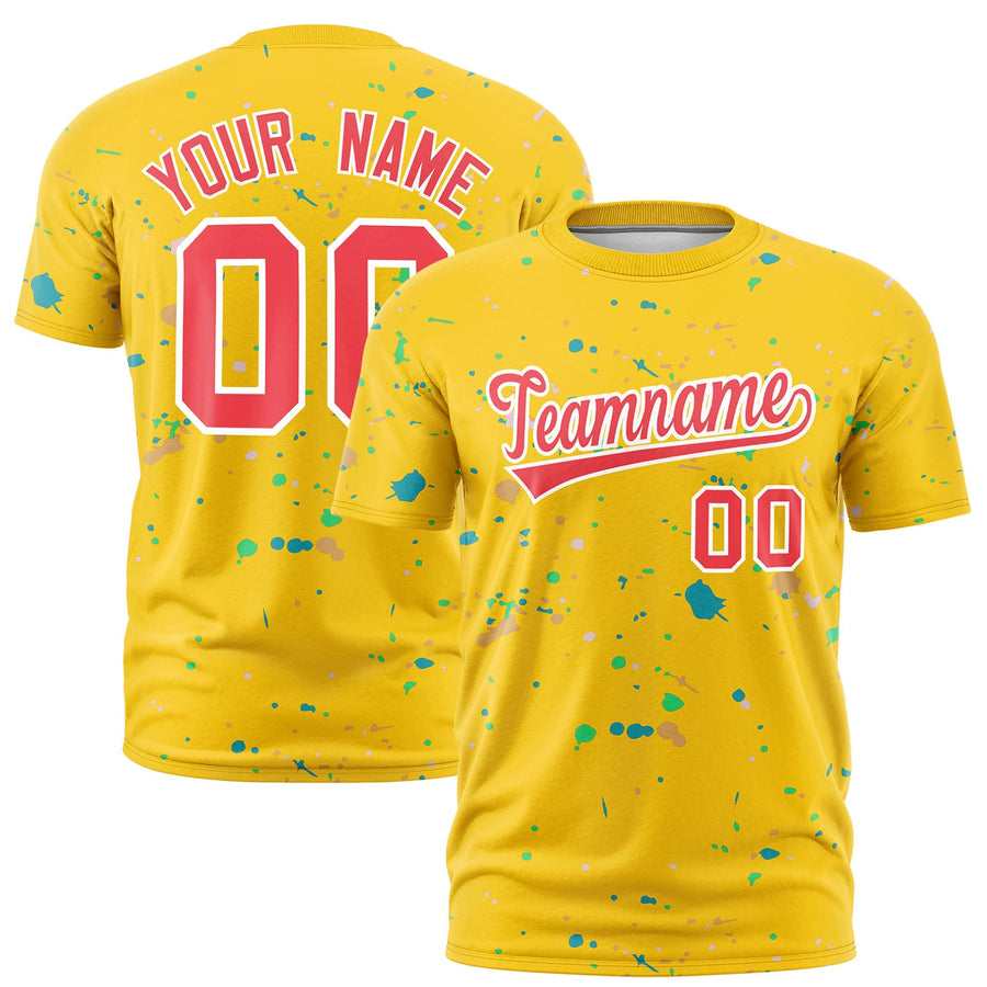 Custom Gold Light Red White Spray Painting Graffiti Pattern Personalization T-shirt | BuyFootballJersey