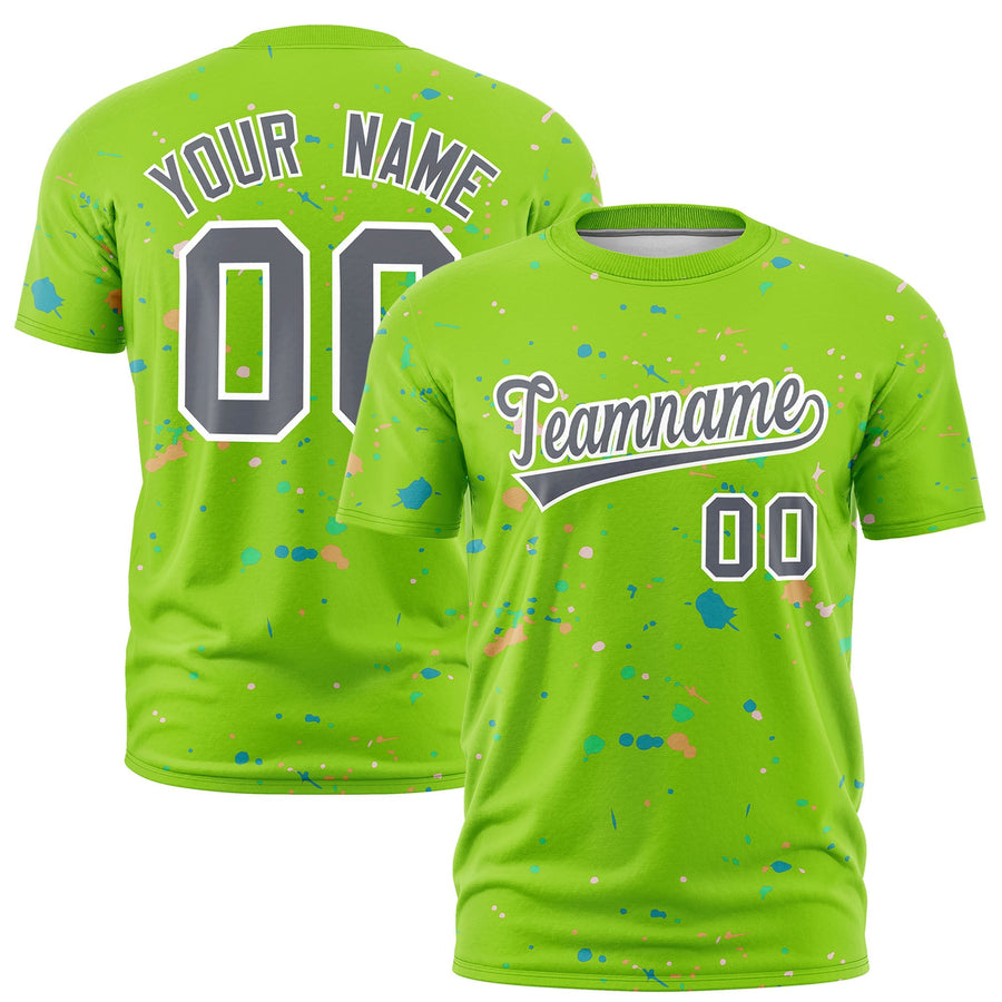 Custom Neon Green Gray White Spray Painting Graffiti Pattern Personalization T-shirt | BuyFootballJersey