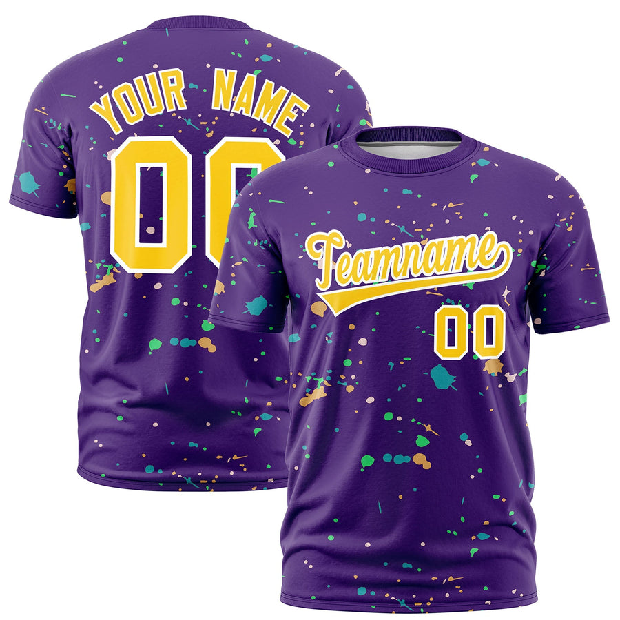 Custom Purple Gold White Spray Painting Graffiti Pattern Personalization T-shirt | BuyFootballJersey