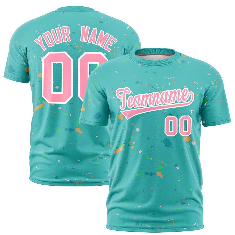 Custom Teal Light Pink White Spray Painting Graffiti Pattern Personalization T-shirt | BuyFootballJersey