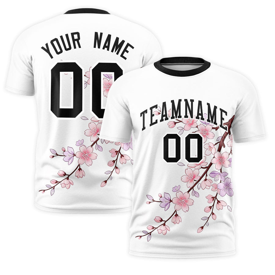 Custom White Black T-shirt - Cherry Blossoms Moisture Wicking | BuyFootballJersey