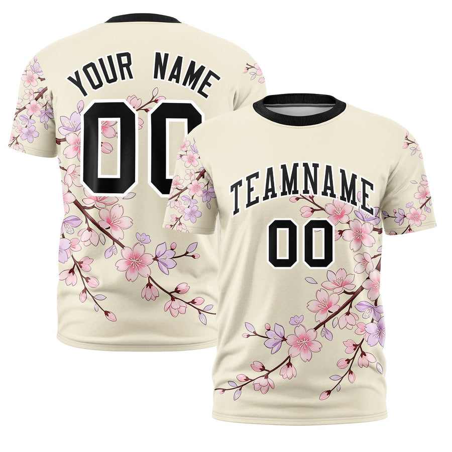 Custom Light Khaki Pink T-shirt - Cherry Blossoms Stretchy | BuyFootballJersey