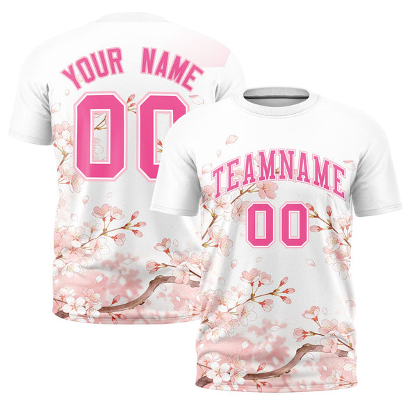 Custom White Pink T-shirt - Cherry Blossoms Quick dry | BuyFootballJersey