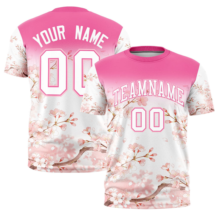Custom Pink White T-shirt - Cherry Blossoms Stretchy | BuyFootballJersey