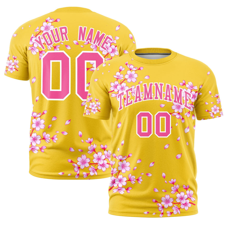 Custom Gold Pink White T-shirt - Cherry Blossoms Moisture Wicking | BuyFootballJersey